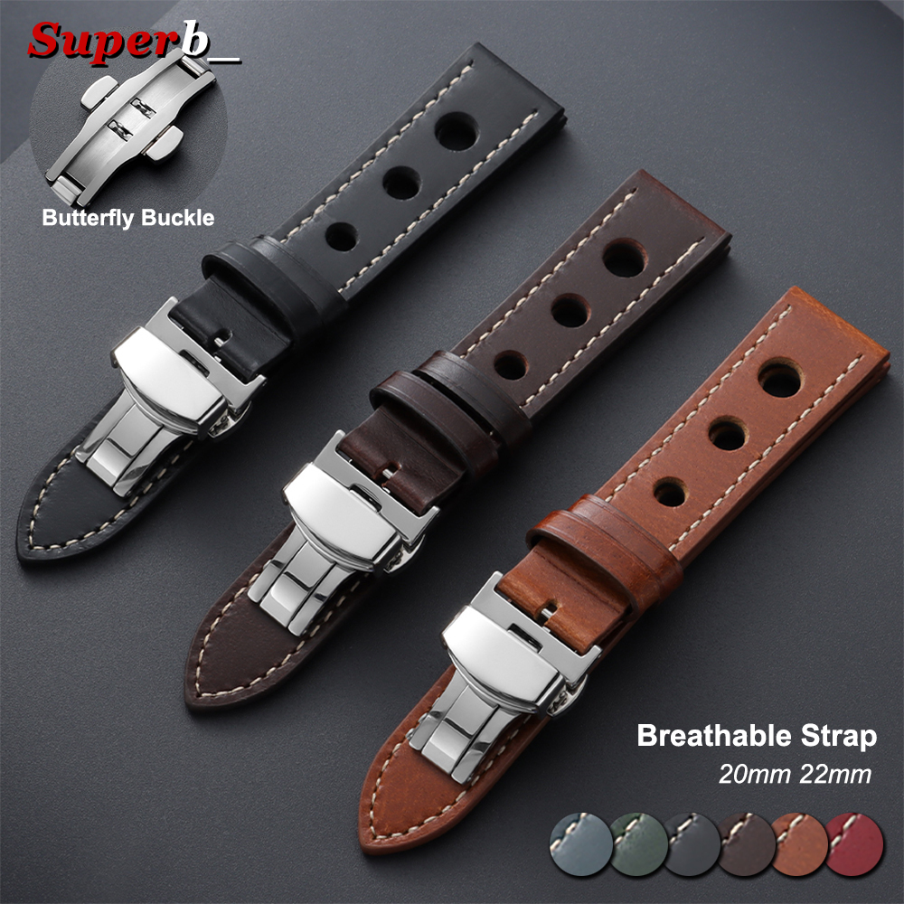 Butterfly Clasp Deployant - 20mm 22mm Vintage Cowhide Leather Watch