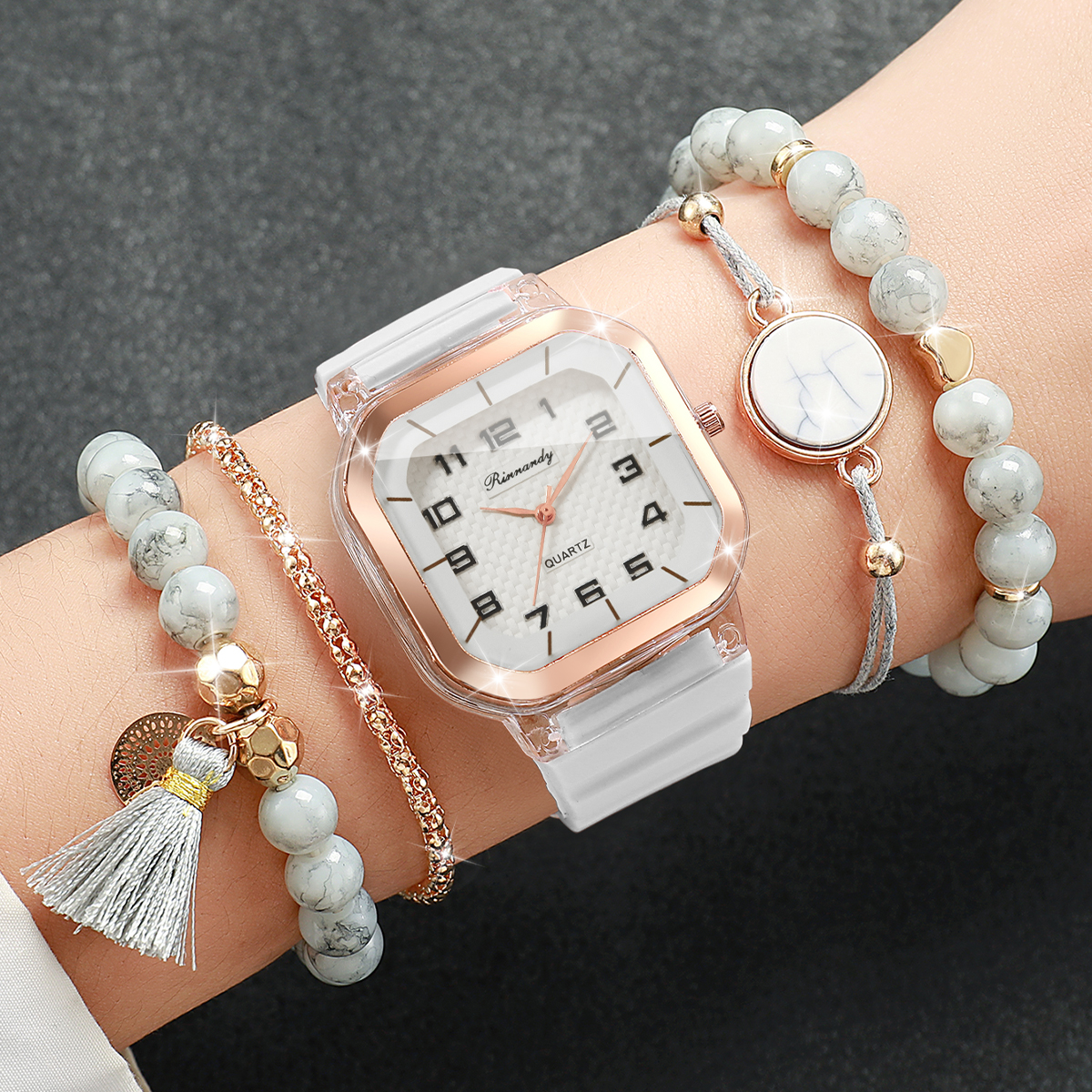 5PCS Fashion Square Dial Women - Silicone Band Women บทวิจารณ์และราคา