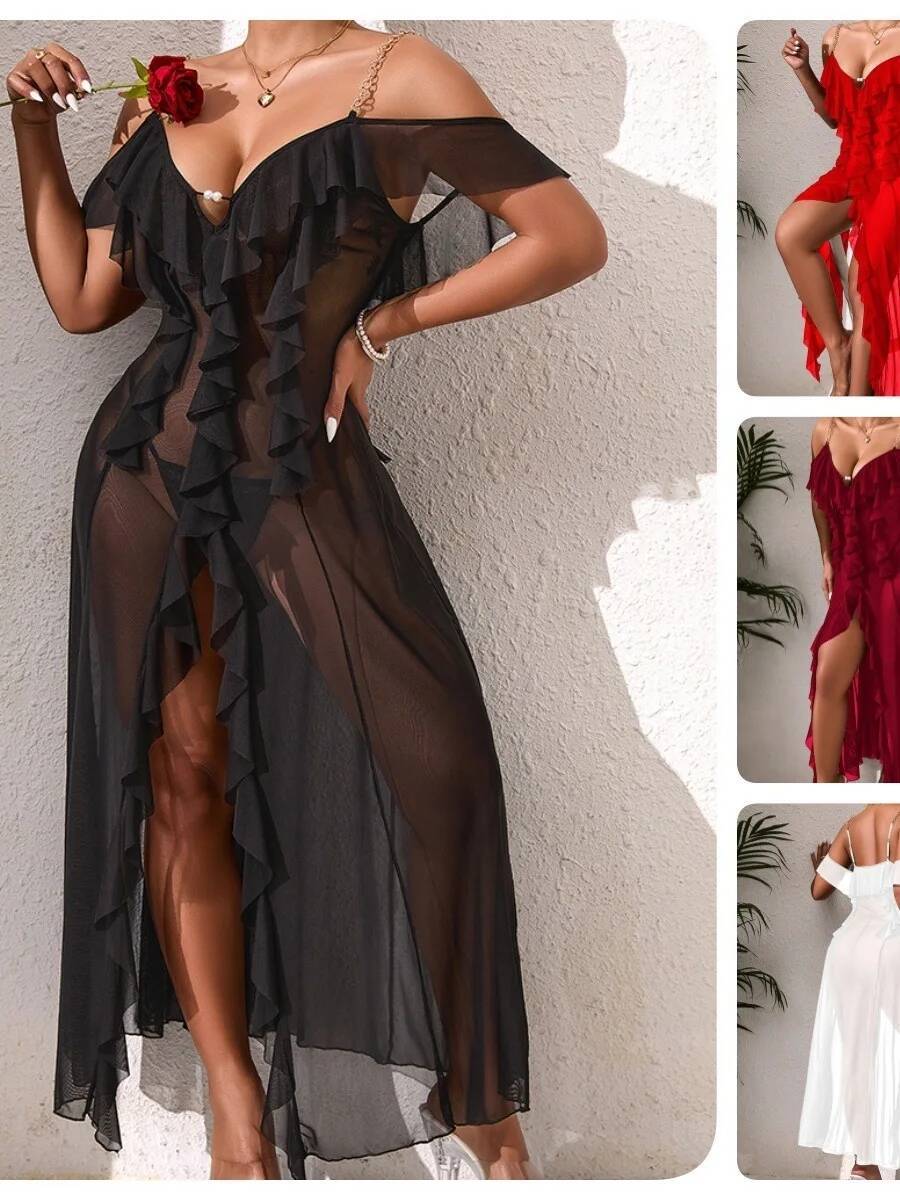 Solid Color Mesh Nightdress Wi - Mesh Strap Metal บทวิจารณ์และราคา