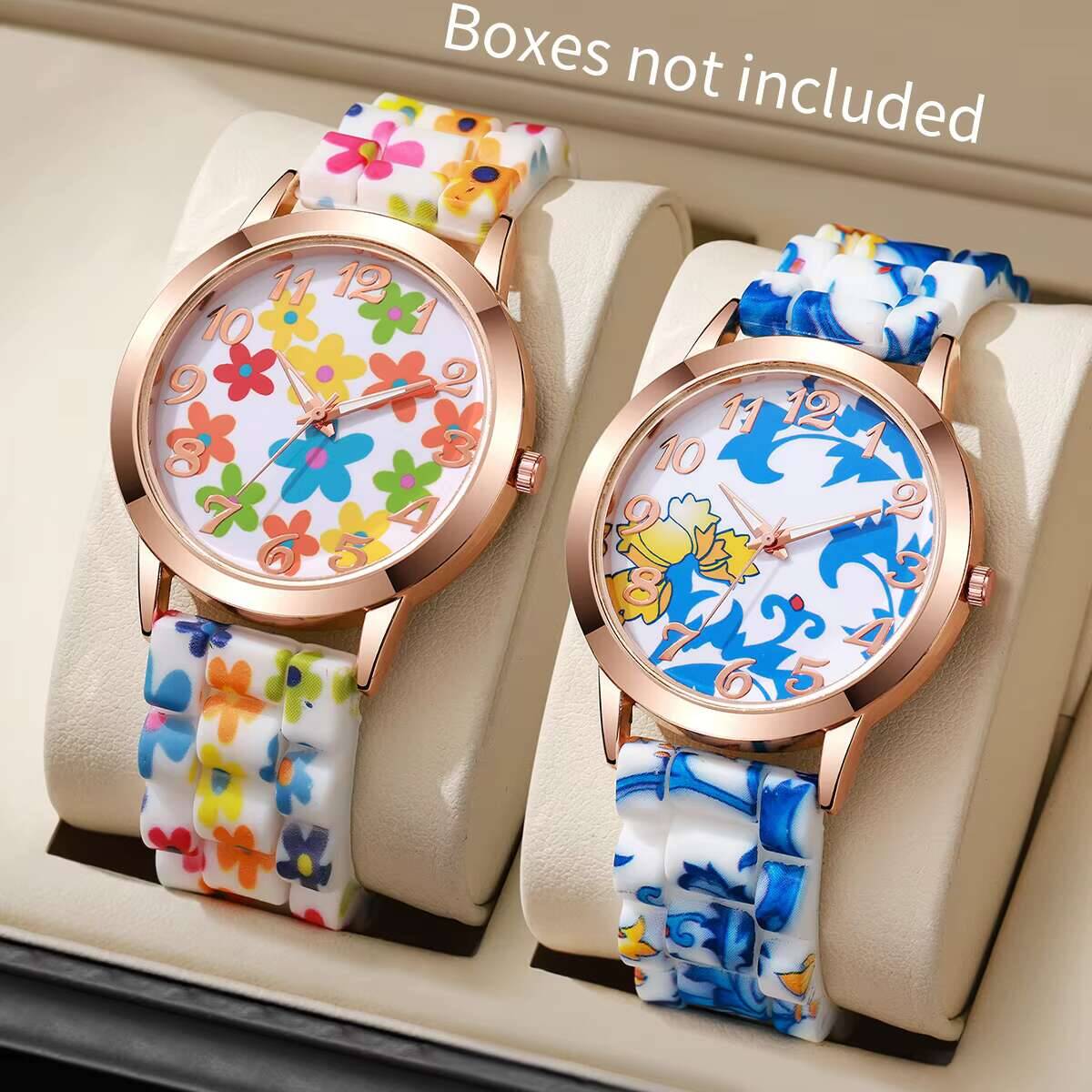 2PCS Fashion Flower Printed Wo - Silicone Band Women บทวิจารณ์และราคา