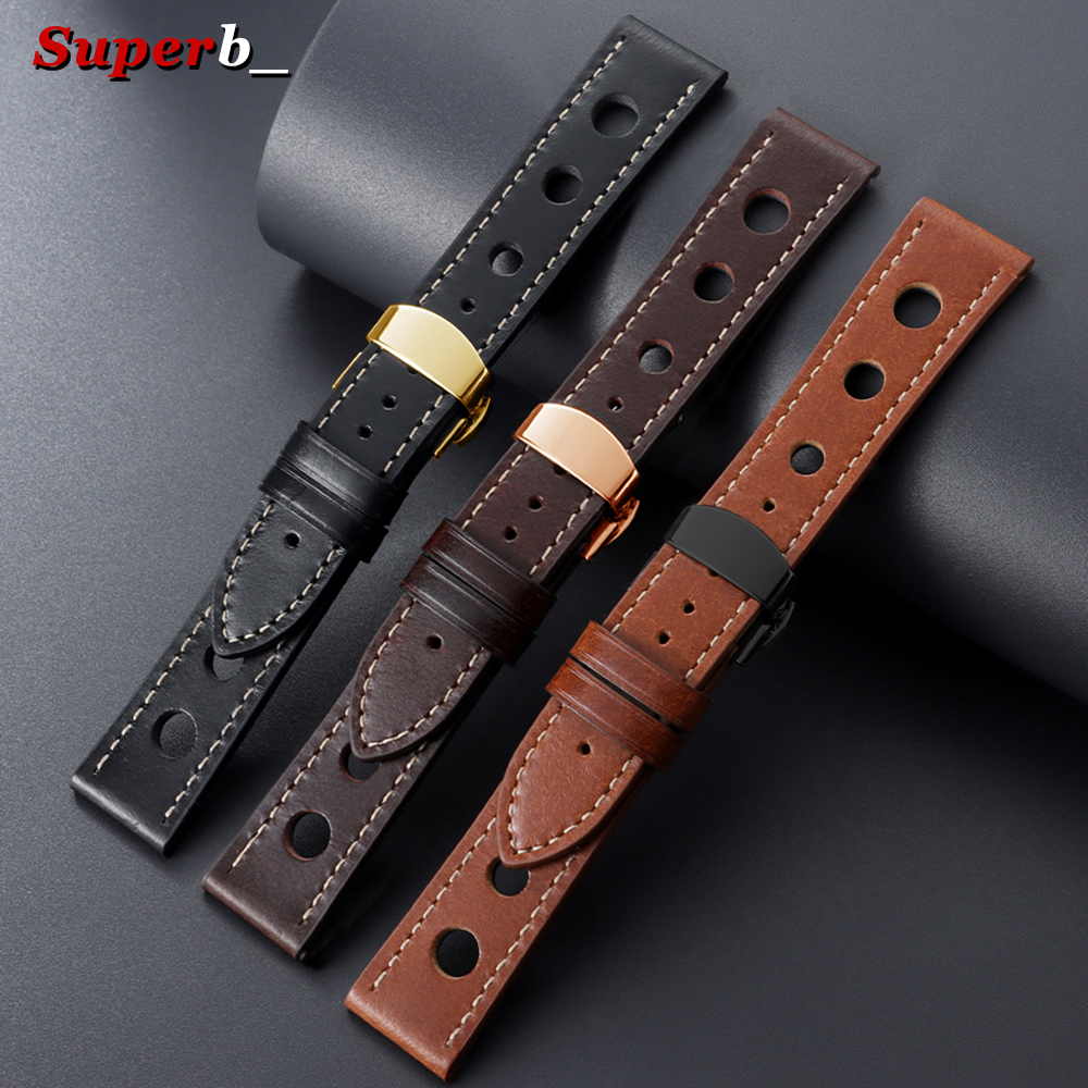 20mm 22mm Vintage Cowhide Leat - Butterfly Clasp Deployant บทวิจารณ์และราคา
